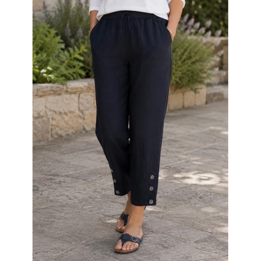 LOFT Black Linen Blend Cropped Button Hem Pants Size Medium Casual Summer